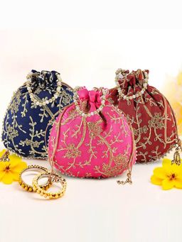 Kuber Industries - Pack Of 3 Embroidery Shagun Pouches And Potli Bag- Multi Color