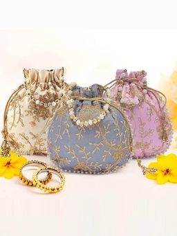 Kuber Industries - Pack Of 3 Embroidery Shagun Pouches And Potli Bags | Cream, Light Pink And Grey