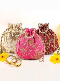 Kuber Industries - Pack Of 3 Embroidery Shagun Pouches And Potli Bag- Multi Color
