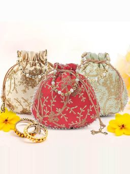 Kuber Industries - Pack Of 3 Embroidery Shagun Pouches And Potli Bag- Multi Color