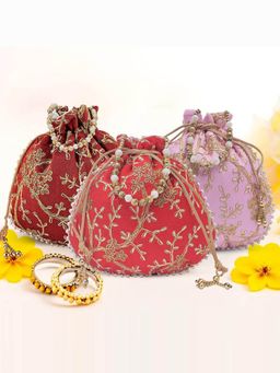 Kuber Industries - Pack Of 3 Embroidery Shagun Pouches And Potli Bag- Multi Color
