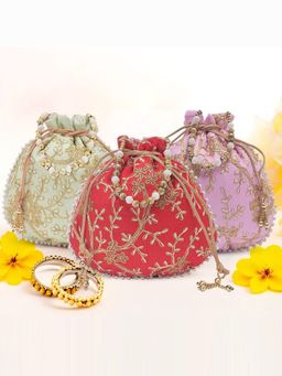Kuber Industries - Pack Of 3 Embroidery Shagun Pouches And Potli Bag- Multi Color