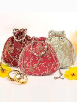 Kuber Industries - Pack Of 3 Embroidery Shagun Pouches And Potli Bag- Multi Color