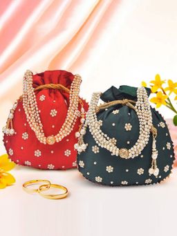 Kuber Industries - Pack Of 2 Moti Design Shagun Potli Bags For Ladies | Pink And Dark Green