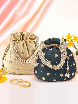 Kuber Industries - Pack Of 2 Moti Design Shagun Potli Bags For Ladies | Golden And Dark Green