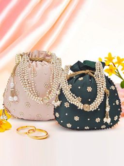 Kuber Industries - Pack Of 2 Moti Design Shagun Potli Bags For Ladies | Peach And Dark Green