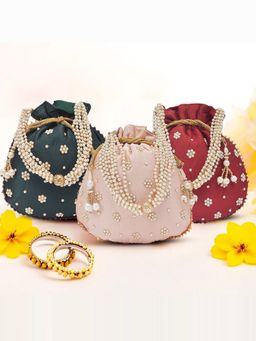 Kuber Industries - Pack Of 3 Moti Design Shagun Potli Bag- Multi Color