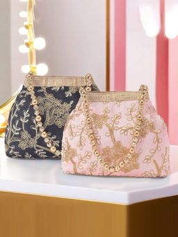 Kuber Industries - Pack Of 2 Moti Embroidery Clutches For Ladies | Black And Peach
