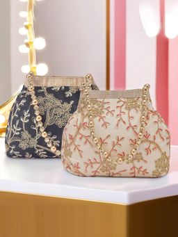 Kuber Industries - Pack Of 2 Moti Embroidery Clutches For Ladies | Black And Cream