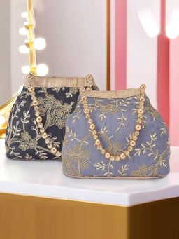 Kuber Industries - Pack Of 2 Moti Embroidery Clutches For Ladies | Black And Grey