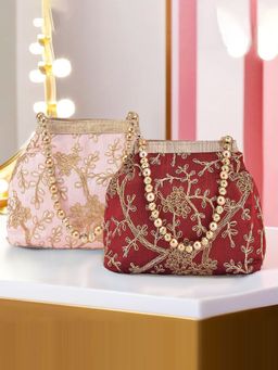 Kuber Industries - Pack Of 2 Moti Embroidery Clutches For Ladies | Peach And Maroon