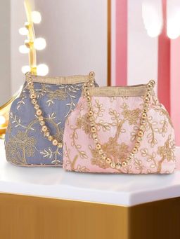 Kuber Industries - Pack Of 2 Moti Embroidery Clutch For Ladies | Peach And Grey