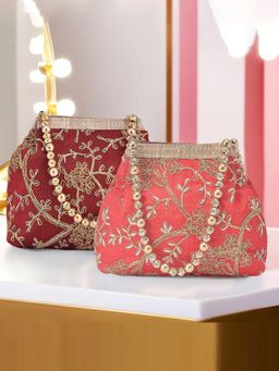 Kuber Industries - Pack Of 2 Moti Embroidery Clutch For Ladies | Maroon And Red