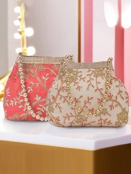 Kuber Industries - Pack Of 2 Moti Embroidery Clutch For Ladies | Red And Cream