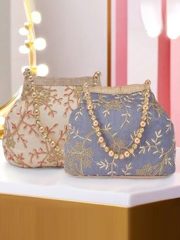 Kuber Industries - Pack Of 2 Moti Embroidery Clutches For Ladies | Cream And Grey