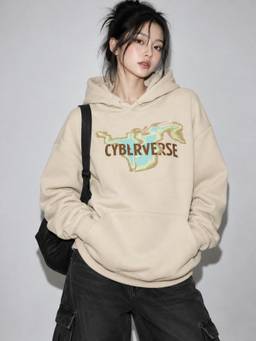 MIXT by Nykaa Fashion - Womens Cyblrverse Graphic Beige Oversized Fleece Hoodie