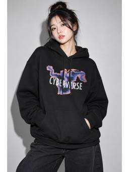MIXT by Nykaa Fashion - Womens Cyblrverse Graphic Black Oversized Fleece Hoodie