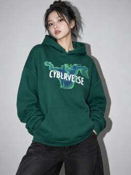 MIXT by Nykaa Fashion - Womens Cyblrverse Graphic Green Oversized Fleece Hoodie