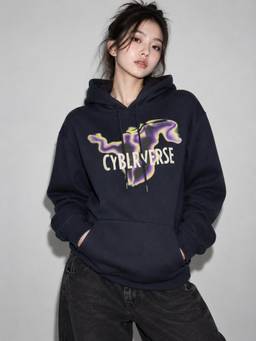 MIXT by Nykaa Fashion - Womens Cyblrverse Graphic Navy Blue Oversized Fleece Hoodie