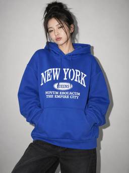 MIXT by Nykaa Fashion - Womens New York Typography Print Blue Oversized Fleece Hoodie