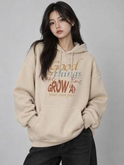 MIXT by Nykaa Fashion - Womens Motivational Typography Beige Oversized Fleece Hoodie