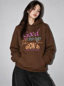 MIXT by Nykaa Fashion - Womens Motivational Typography Coffee Brown Oversized Fleece Hoodie