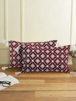 Eyda - Red Color Embroidered Cushion Cover Set of 2 (12x20 Inch)