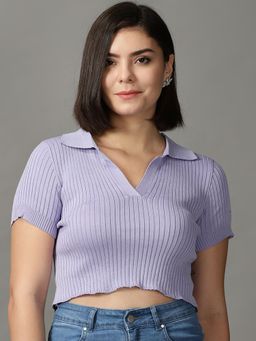 SHOWOFFFF - Womens Shirt Collar Fitted Solid Lavender Crop Top