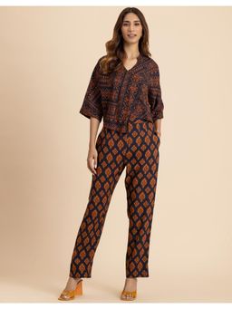 Moomaya - Printed Rayon Co-Ord Set In Navy Blue (Set of 2)