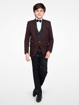 Jeetethnics - Boys Maroon Checked Coat Suit With Waistcoat Shirt & Trousers (Set of 5)