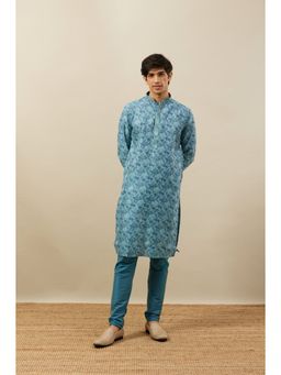 Manyavar - Blue Blended Viscose Printed Kurta with Pencil Pyjama (Set of 2)