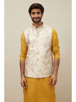 Manyavar - Cream Art Silk Printed Sleeveless Nehru Jacket
