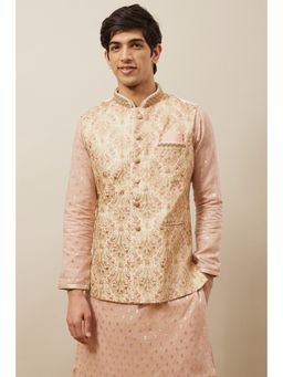 Manyavar - Off White / Cream Art Silk Printed Sleeveless Nehru Jacket