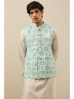 Manyavar - Green Blended Viscose Printed Sleeveless Nehru Jacket