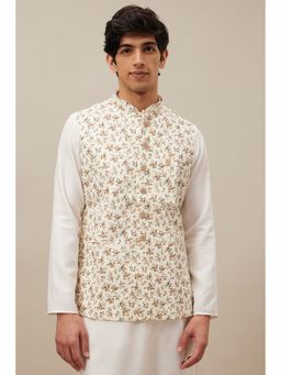 Manyavar - Off White / Cream Cotton Printed Sleeveless Nehru Jacket