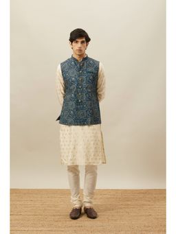 Manyavar - Blue Blended Viscose Printed Sleeveless Nehru Jacket