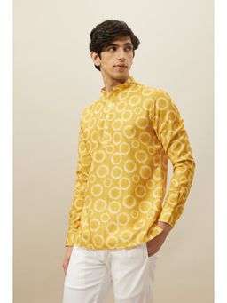 Manyavar - Mustard Blended Viscose Printed Full Sleeves Short Kurta