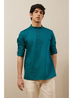Manyavar - Green Blended Viscose Solid Full Sleeves Short Kurta
