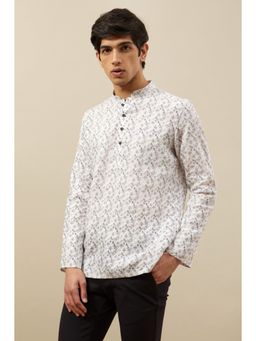 Manyavar - White Linen Printed Full Sleeves Short Kurta