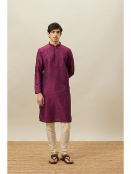 Manyavar - Wine Art Silk Self Design Kurta with Pencil Pyjama (Set of 2)