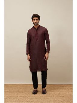 Manyavar - Maroon Art Silk Self Design Kurta with Pencil Pyjama (Set of 2)