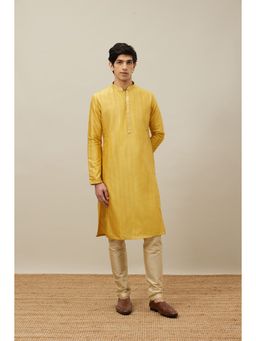 Manyavar - Mustard Blended Viscose Self Design Kurta with Pencil Pyjama (Set of 2)
