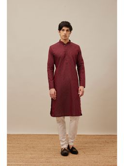 Manyavar - Maroon Blended Viscose Self Design Kurta with Pencil Pyjama (Set of 2)