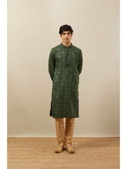 Manyavar - Green Blended Viscose Self Design Kurta with Pencil Pyjama (Set of 2)