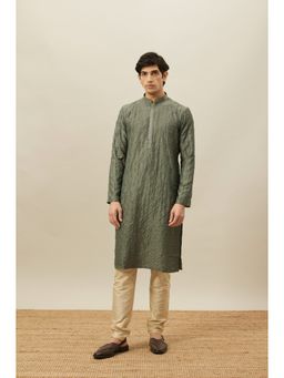 Manyavar - Green Art Silk Self Design Kurta with Pencil Pyjama (Set of 2)