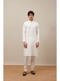 Manyavar - Off White / Cream Blended Viscose Solid Kurta with Pencil Pyjama (Set of 2)