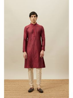 Manyavar - Maroon Art Silk Self Design Kurta with Pencil Pyjama (Set of 2)