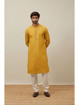 Manyavar - Mustard Art Silk Solid Full Sleeves Kurta with Pencil Pyjama (Set of 2)
