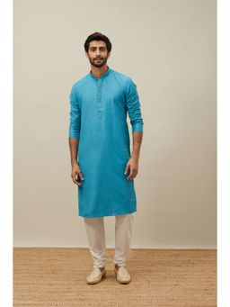 Manyavar - Blue Art Silk Solid Full Sleeves Kurta with Pencil Pyjama (Set of 2)
