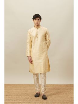 Manyavar - Beige Art Silk Self Design Full Sleeves Kurta with Pencil Pyjama (Set of 2)